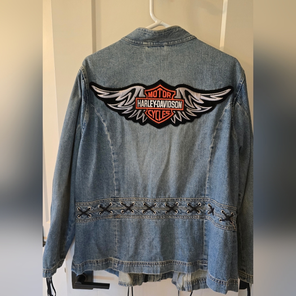 Denim&Co Denim Blue Lace-Up Jean Jacket With Harley Davidson Patches Size 22W - Picture 6 of 8